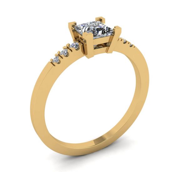 Princess Cut Diamond Ring with 3 Small Side Diamonds Yellow Gold,  Enlarge image 4