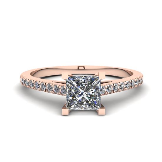 Princess Cut Scalloped Pave Engagement Ring Rose Gold