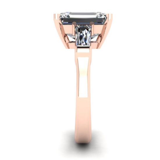 Three-Stone Emerald and Baguette Diamond Engagement Ring Rose Gold,  Enlarge image 3