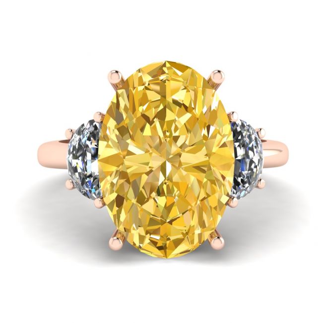 Oval Yellow Diamond with Side Half-Moon White Diamonds Rose Gold