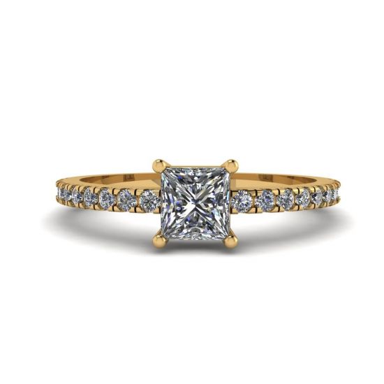 Princess Cut Diamond Ring with Side Pave in 18K Yellow Gold, Image 1