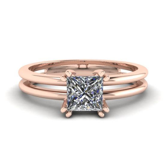 Contemporary Princess Cut Engagement Double Ring Rose Gold, Image 1