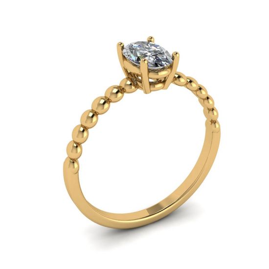 Oval Diamond on Beaded 18K Yellow Gold Ring,  Enlarge image 4