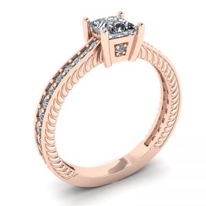 Oriental Style Princess Diamond Ring with Pave in 18K Rose Gold - Photo 3