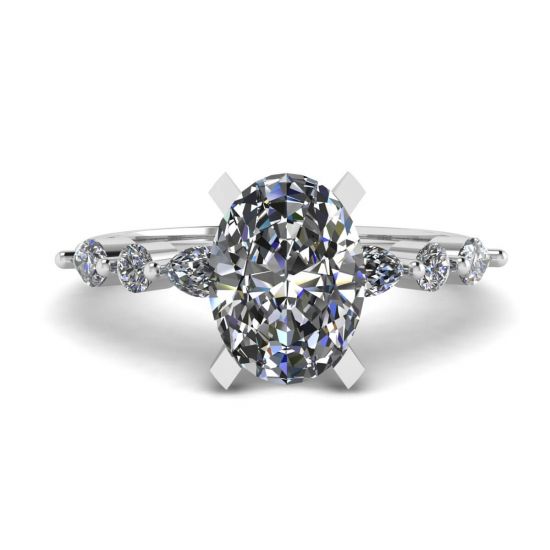 Oval Diamond Side Marquise and Round Stones Ring White Gold, Enlarge image 1