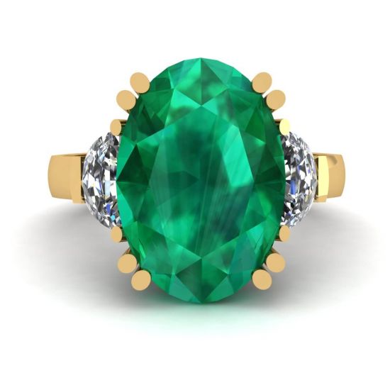Oval Emerald with Half-Moon Side Diamonds Ring Yellow Gold, Image 1