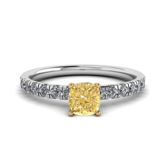 Cushion Yellow Diamond 0.5 ct with Side Pave Ring