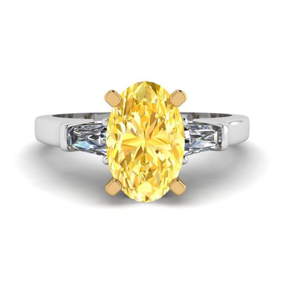 Oval Yellow Diamond with White Side Baguettes Ring, Enlarge image 1