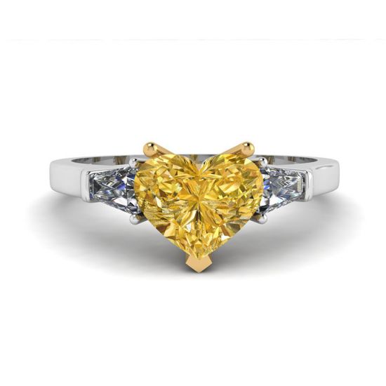 1 carat Heart Yellow Diamond with White Baguettes Ring, Image 1
