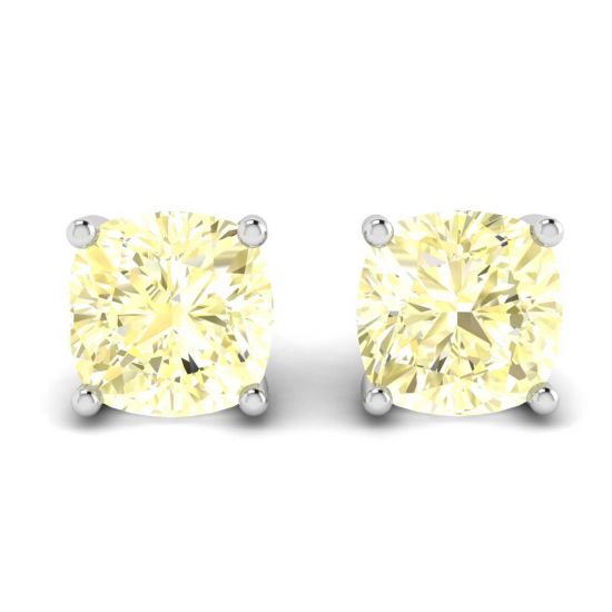 Cushion Yellow Diamond Stud Earrings in 18K White Gold, Enlarge image 1