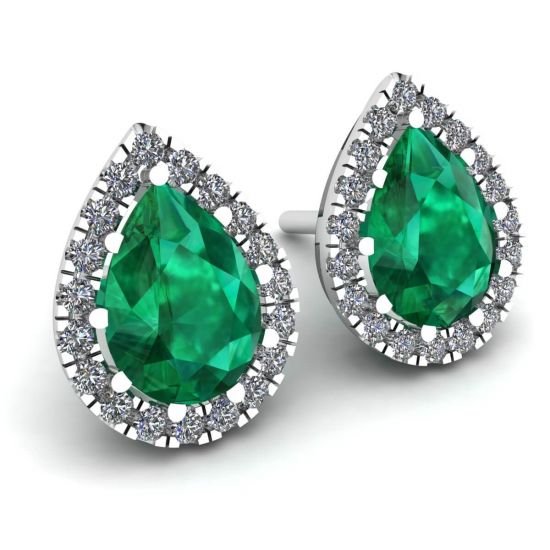 Pear-Shaped Emerald with Diamond Halo Earrings, More Image 0