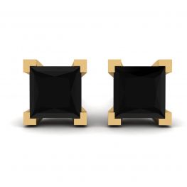4 mm Princess Cut Black Diamond Stud Earrings Yellow Gold