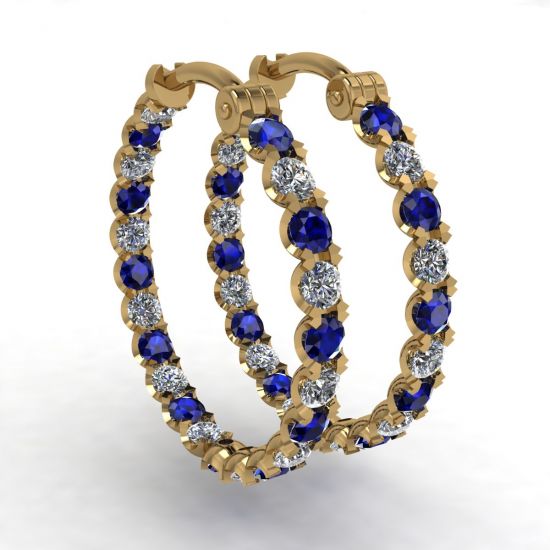 Diamond and Sapphire Hoop Earrings Yellow Gold, Enlarge image 1