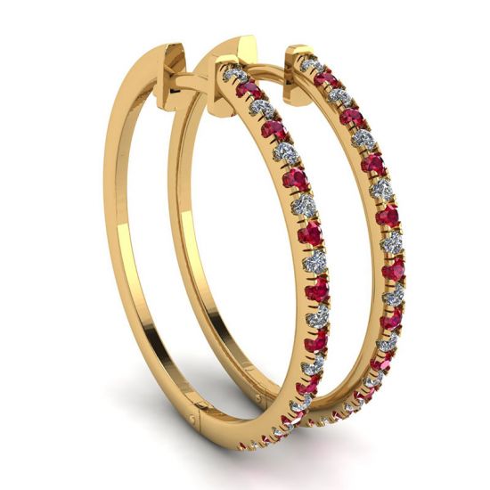 Yellow Gold Hoop Earrings with Rubies and Diamonds , Image 1
