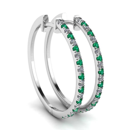 Diamond and Emerald Hoop Earrings White Gold