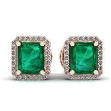 2 carat Emerald with Diamond Halo Stud Earrings Rose Gold