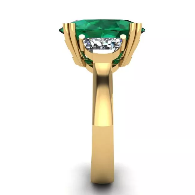 Oval Emerald with Half-Moon Side Diamonds Ring Yellow Gold - Photo 2