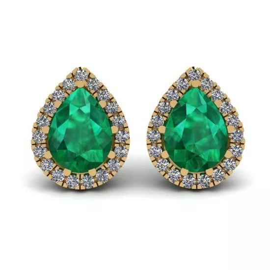 Pear-Shaped Emerald with Diamond Halo Earrings Yellow Gold, Enlarge image 1