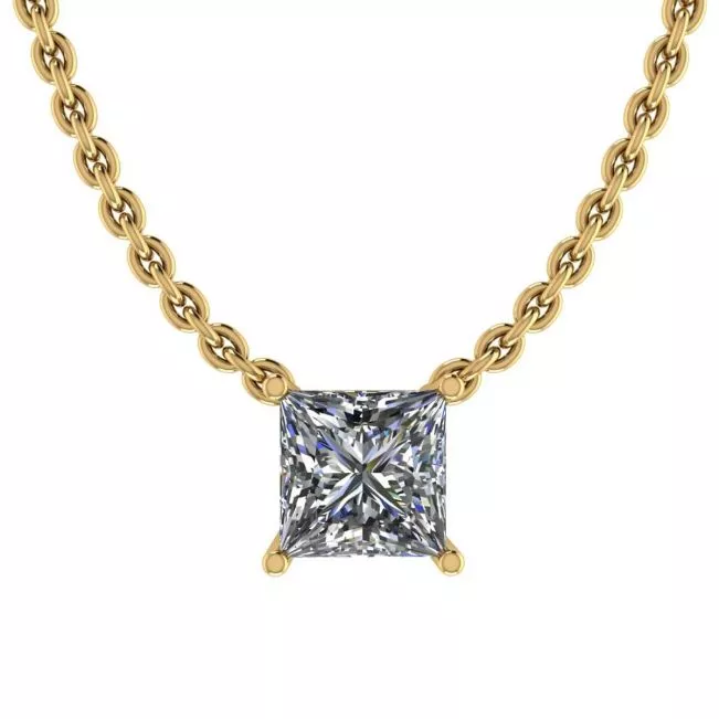 Princess Diamond Solitaire Necklace on Thin Chain Yellow Gold